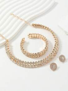 Women's Elegant Diamond-Decorated Circular Necklace, Bracelet And Earrings Jewelry Set, For Banquet & Party Wear
