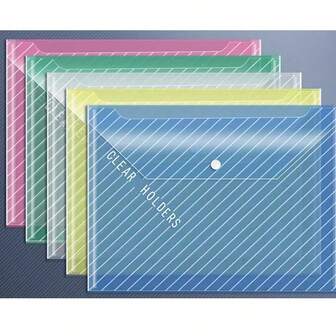 1pc/5pcs/10pcs A4 Large Capacity Document Organizer, Portfolio, Waterproof File Folder, Transparent Snap Closure Bag, A4 File Bag, Student Document Bag, Test Paper Storage Bag, Business File Folder, Snap Closure Pouch, Button Bag, Colored File Folder, Thick PP Material, Anti-Stain Briefcase, Sorting Bag, High Capacity, Desktop Organization, Office Supplies Storage