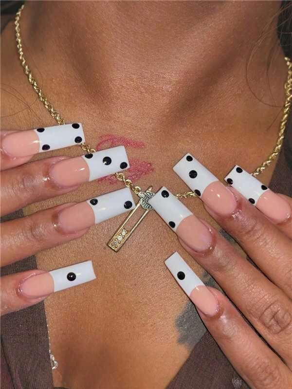 24pcs Press On Nails Long Square Nails Minimalist White French&Black Point Nails Tips For Women And Girls - Includes Nail File & Jelly Adhesive
