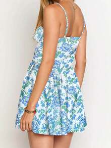 Women Boho Floral Cami Mini Dress Spaghetti Strap Printed A Line Short Dress Graffiti Cut Out Colorful Summer Dress - 藍色 - 查看 2