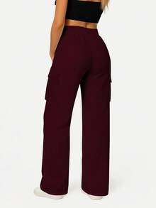 Women's Casual Solid Color Pocket Cargo Pants, Versatile Daily Outerwear, Spring Autumn Winter - Burgundy - View 2