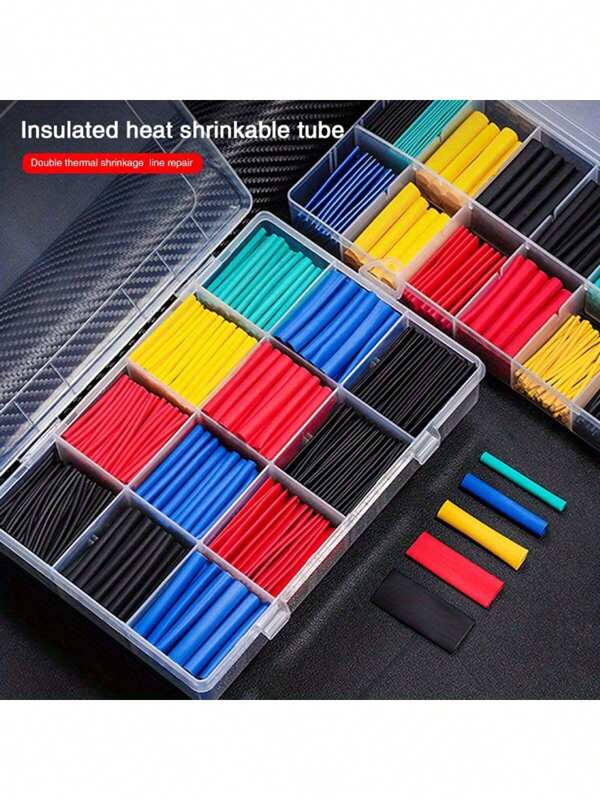 140/164/280/328/560/750pcs Assorted Heat Shrink Tubing 2:1 Ratio, Electrical Wire Cable Insulation Wrap Material, With Box (5 Colors/12 Sizes), Black, Red, Blue, Yellow, Green, Suitable For Automotive Cables, Home Use, And Cable Management