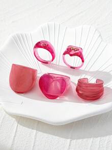 5pcs/Set Unique Heart, Bow Knot, Bubble Design Wide Band Rings Set, Elegant Resin Rings Suitable For Women, Suitable For Music Festivals And Daily Wear - Pink - View 3