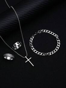 3pcs/Set Simple Black Cross Design Men's Fashion Jewelry Set: Necklace, Bracelet, Ring Fathers Day Gift School Jewelry Men Y2k Accessories Goth Men's Chains Jeans Accessories Gothic Jewellery Back To School Street Halloween Accessories Punk