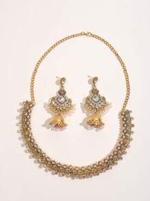 3pcs/Set Retro Faux Pearl Bead Tassel Bell Necklace & Earrings Set, Suitable For Women's Daily Wear Or Party