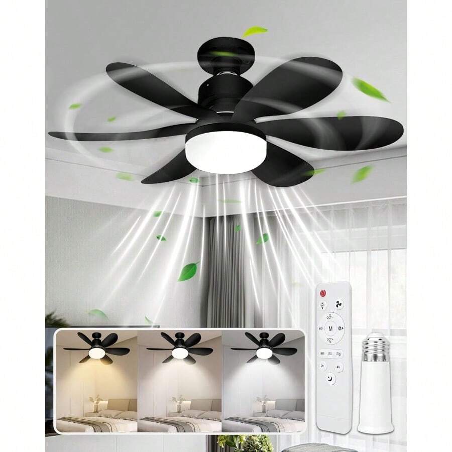 Ventilador de Techo con Luz Led, Abanicos de Techo E26/E27, Socket Fan Light con Control Remoto, con 3 Colores Regulable 3 Velocidades(40W,Negro) - Tipo de Enchufe A USA (110-127V) - Ver 1