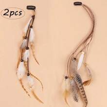 1件孔雀羽毛头饰羽毛发带波西米亚风绳，秋冬季女士发带发箍发饰，适合度假装扮，优雅围巾女士头巾柔软头巾 - 彩色 - 查看 4