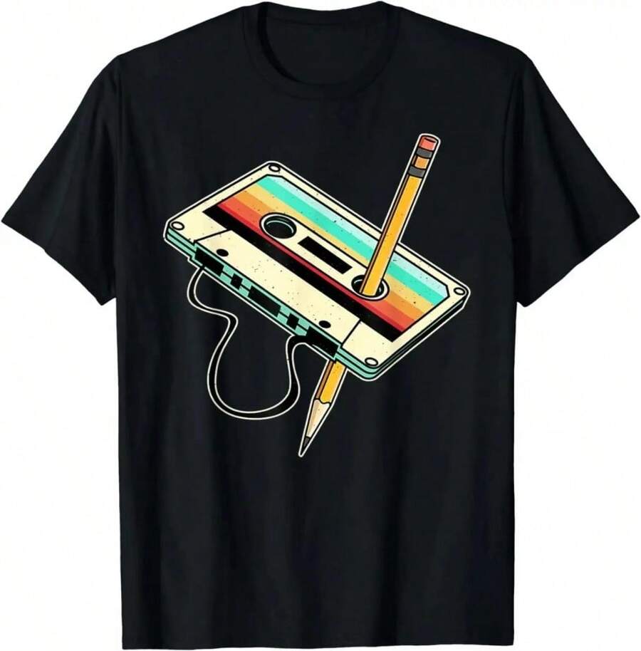 BREATHABLE COOL SUMMER 80s Cassette Tape Pencil 1980s Retro Vintage Throwback Music T-Shirt Men Clothing Vintage T Shirt Camisetas - Black - View 1