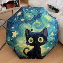 1pc New Cute Van Gogh Cat Folding Umbrella, Dual-Use Sunshade & Rainproof Umbrella, Automatic, UV Protection, Fashionable Black Cat Pattern, Thick Anti-UV Foldable Travel Umbrella For Men & Women, Students