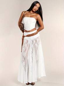 Women's Summer A-Line Skirt High Waist Long Lace Patchwork Skirt For Travel, Beach, Shopping - 白色 - 查看 3