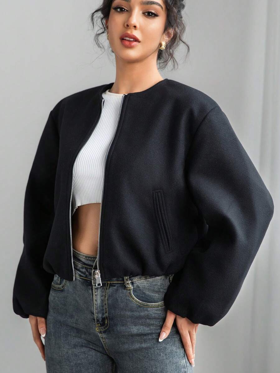 Women's Bomber Jacket Autumn Winter Outerwears Short Varsity Aviator Cropped Coats - 黑色 - 查看 1