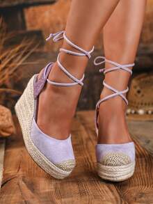 全新欧式坡跟厚底渔夫凉鞋，波西米亚风编织麻绳封闭式趾带时尚女士凉鞋