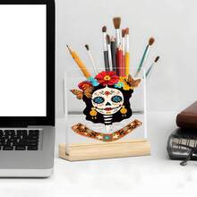 2D 平面，1 件，女士骷髅桌面装饰，墨西哥花卉印花骷髅设计，万圣节装饰，适合万圣节、家居、办公室、卧室、咖啡厅，带木质底座的理想装饰品，2D 平面 - 彩色 - 查看 5