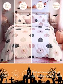 3pcs Hand-Painted Cartoon Pink Autumn Pumpkin Printed Duvet Cover Set (1 Duvet Cover + 2 Pillowcases, No Filler), Everyday Polyester Soft And Skin-Friendly For Bedroom - Multicolor - View 4