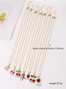 7 Stücke/Set eleganter Schmuckset mit Strass-Anhängern in Form von Kirsche, Herz, Rose, Marienkäfer, mehrschichtige Halsketten, geeignet für Frauen, Alltag, Date, Party, Urlaubsgeschenk