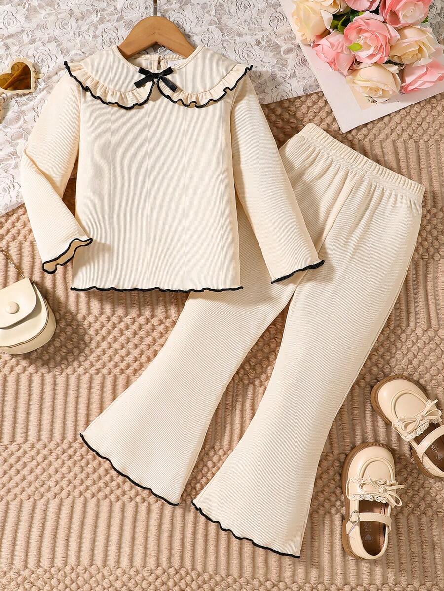 2 Stücke Mädchen Frühling/Herbst Outfit Set - Boho Stil Schleifenkragen Strick Langarm Top + Elastischer Bund Weite Hose, bequem & modisch für den täglichen Lässig Stil für Mädchen