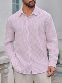 Camicia casual da uomo in tessuto goffrato a righe, morbida e confortevole, adatta per uso domestico o pendolare, versatile, elegante stile da uomo
