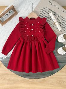1pc Young Girl Sweet Cute Lace Collar Knitted Dress, Young Girl Button Color Blocking Ruffle Hem Sweater Dress, Autumn/Winter