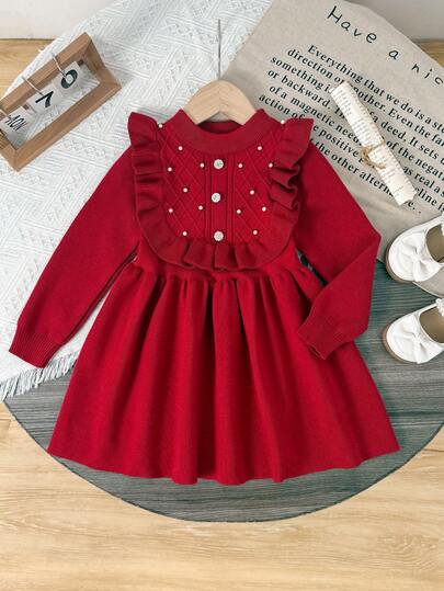1pc Young Girl Sweet Cute Lace Collar Knitted Dress, Young Girl Button Color Blocking Ruffle Hem Sweater Dress, Autumn/Winter