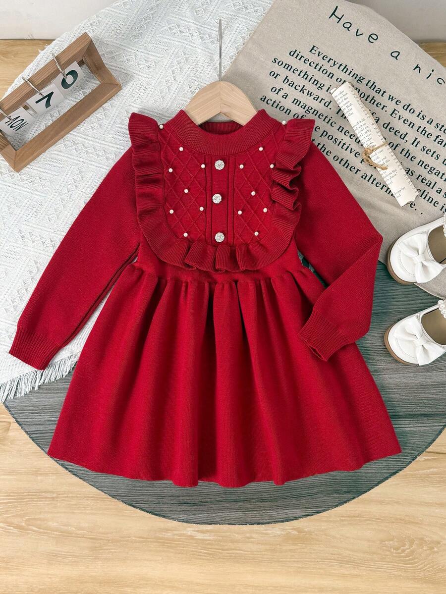 1pc Young Girl Sweet Cute Lace Collar Knitted Dress, Young Girl Button Color Blocking Ruffle Hem Sweater Dress, Autumn/Winter