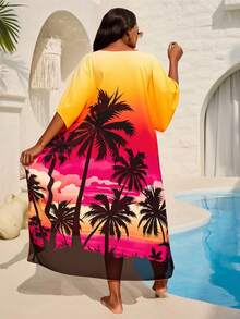 Slaydiva Summer Beach Plus Size Ombre Coconut Tree Print Cover Up - Multicolor - View 2