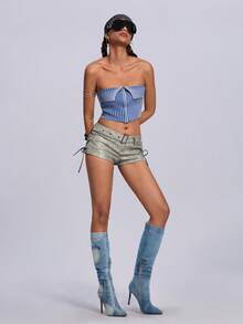 ROMWE Women's Strapless Two-Tone Knitted Zippered Front Top - Blue - View 6