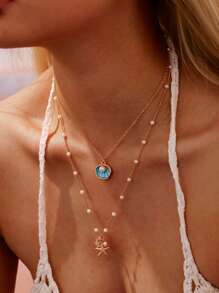 1pc Creative Ocean Theme Beach Vacation Style Sea Star & Sea Shell Pendant Necklace, Versatile Daily Wear
