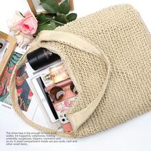 Handmade Straw Woven Handbag, Woven Mesh Beach Bag, Shoulder Bag, Foldable Large Capacity Bag, Suitable For Beach, Camping, Commuting, Travel And Vacation, Full Of Fashion Sense. - 圓/米色 - 查看 6