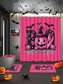 1/4-Stück Halloween einfaches rosafarbenes Kürbis Segen Duschvorhang-Set, rosa Kürbis Halloween Design, 100% Polyester Stoff Vorhang, wasserresistent & leicht zu reinigen, elegantes Einweihungsgeschenk, moderne Heimdekoration, inklusive Duschvorhang, Teppich und 12 Haken, perfekte Halloween Badezimmerdekoration