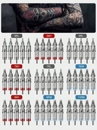 20/50 piezas Juego de agujas de tatuaje de cartucho, Mezcla de tamaños redondos de línea: 3RL 5M1 7M1 7RM 9M1 9RM 5RL 7RL 11RM Juego de agujas de tatuaje, Accesorios y suministros de agujas de tatuaje desechables