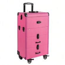 4 In 1 Rolling Makeup  Case, Lockable Portable Cosmetic Organizer Trolley, Large Make Up Cosmetic Orgainzer - Hot Pink - View 10