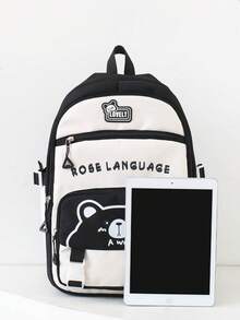 返校4件套新款尼龙材质可爱卡通熊字母印花背包、手提包、午餐包、铅笔袋，多功能设计，拉链开合，时尚休闲，简约甜美，日常户外、旅行度假百搭 - 黑色 - 查看 6