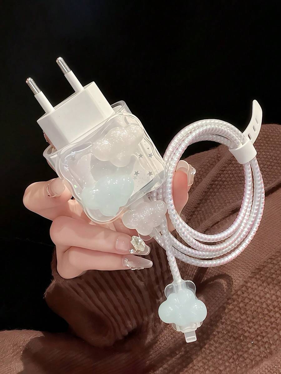 5pcs/Set Cloud Resin Design Compatible With [European Version 20W Charger Protective Case] Cable Protector Compatible With IPhone11/12/13/14/15/16Promax Data Cable Anti-Bend Cable Organizer, Cable Fixer, Anti-Break Cable, TPU Charger Head Protective Shell Cable Sleeve - Multicolor - View 1