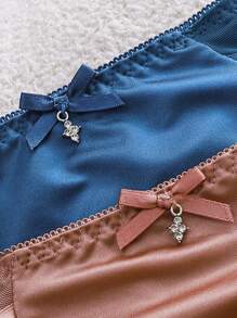 5pcs Ladies Solid Color French Satin Sexy Lace Lace Bow Mid-Waist Triangle Panties