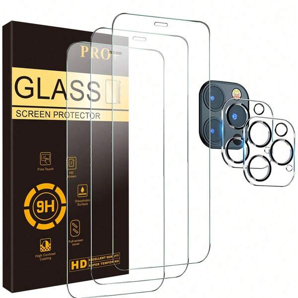 3 Paquetes de Juego de Protectores de Pantalla y Lente para 16 Pro Max/16 Pro/16E y iPhones Anteriores - Vidrio Templado 9H + Cobertura Completa de la Carcasa para Viajes/Transporte (Claridad Ultra HD / Pegatinas Anti-Polvo)