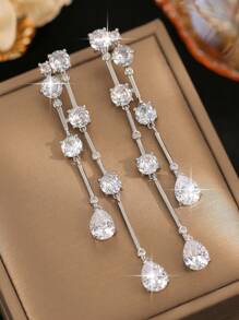 LXOEN 1 Pair Luxury Geometric Water Drop Shiny AAA Cubic Zirconia Dangle Earrings For Women Delicate Long Tassel Bridal Wedding Statement Earring