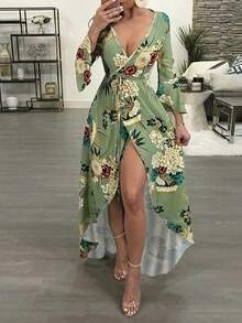 Elegante bata de mujer con estampado floral, manga larga, con cinturón para vacaciones de primavera - Verde - Ver 4