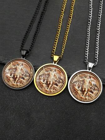 SAINT MICHAEL PROTECT US Archangel Stainless Steel Glass Medal Necklaces Chain Men Women Gold Color Necklace Amulet Jewelry