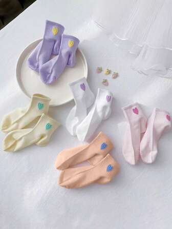 5 双儿童/女孩透气网眼中筒袜，心形图案，薄款运动袜，适合春、夏、秋季