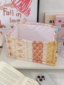 1 件复古花卉图案收纳篮绗缝化妆品收纳篮，护肤品收纳篮化妆刷眼镜收纳袋带蝴蝶结铅笔和刷子架收纳盒女士化妆品收纳