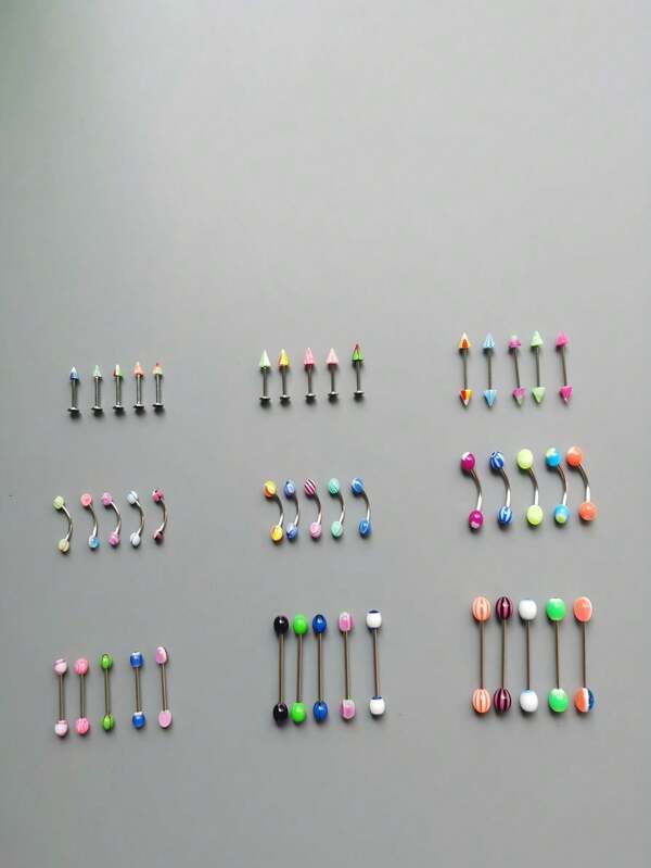 45pcs Assorted 9 Designs, 5pcs Each Pack, Acrylic Men's Piercing Jewelry, Tongue Rings, Eyebrow Rings, Nose Rings, Body Jewelry