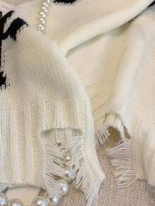 Áo len dài tay cổ chữ V dáng suông họa tiết chéo rách rưới dành cho nữ cỡ lớn, thích hợp cho mùa xuân, hè và thu, dự tiệc, đi nghỉ mát, đi biển, áo trắng cho nữ. - trắng - Xem 6