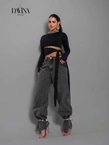 Women's Suplex Cropped Blouses Long Sleeve With Tie At The Waist Disguises Belly Comfortable Autumn Winter Fashion For Foreigners - màu đen - Xem 3
