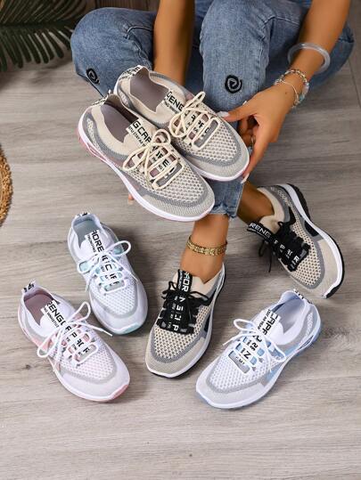 ZOSIVC ZOSIVC Damen atmungsaktive Mesh Sneaker, bequeme Schnür Freizeitschuhe, niedrige Spitzen Sportlaufschuhe