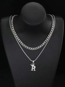 Set da 2 collane multistrato con pendente a forma di corona con iniziale impreziosita da strass, catena intrecciata, personalizzabile con nome da A a Z