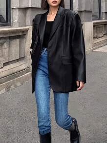 女士宽松 PU 皮夹克，街头风格，秋冬