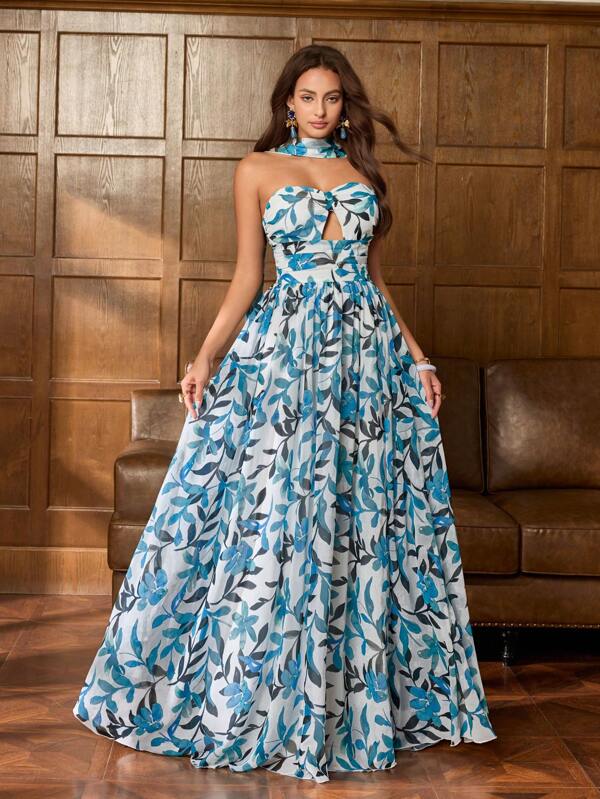 Faeriesty Printing Elegant Leaf Printed Chiffon Evening Gown With Sweetheart Neckline | Fitted Bodice & Flowy Floor-Length Skirt | Elegant Romantic Formal Design | Perfect For Garden Weddings, Outdoor Receptions, Formal Dinners, And Upscale Evening Events​