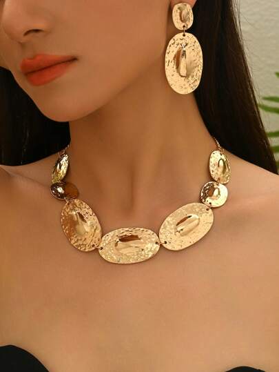 3pcs Modern Minimalist Gold Tone Geometric Oval Pendant Necklace & Earrings Set, Elegant & Stylish