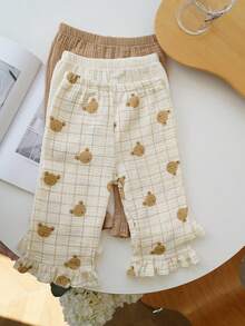 3件套女宝宝秋装春秋荷叶边长裤可爱小熊印花卡通裤子婴儿休闲裤衣服 - 杏色 - 查看 5