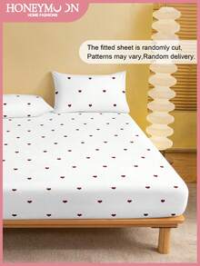 1pc Girls Cute Heart Pattern Fitted Sheet , Mattress Protector, Lovely Red Heart Bedroom Decor Bed Sheet Girly Cartoon Love Geometric Fitted Sheet, Deep Pocket Bed Sheet, Soft And Breathable, For All Size Bed - Multicolor - View 2